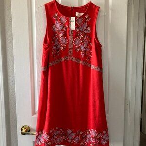 Anthropologie Aiko Embroidered Linen Shift Dress Red, Size 12, New with Tags